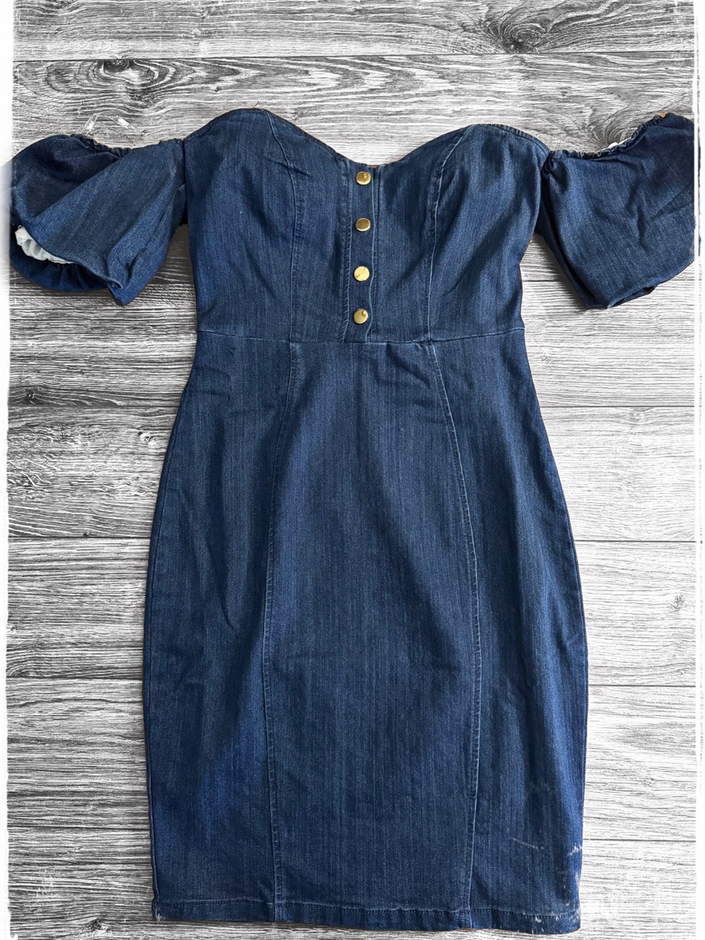 Haute Monde Navy Off-Shoulder Denim Midi Dress with Puff Sleeves